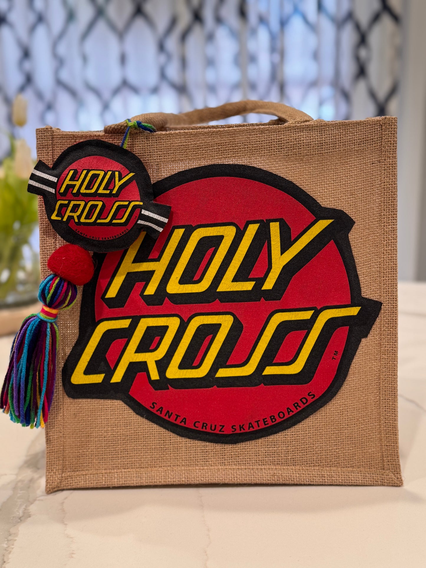 Upcycled Santa Cruz bag (holy cross) with matching tassel
