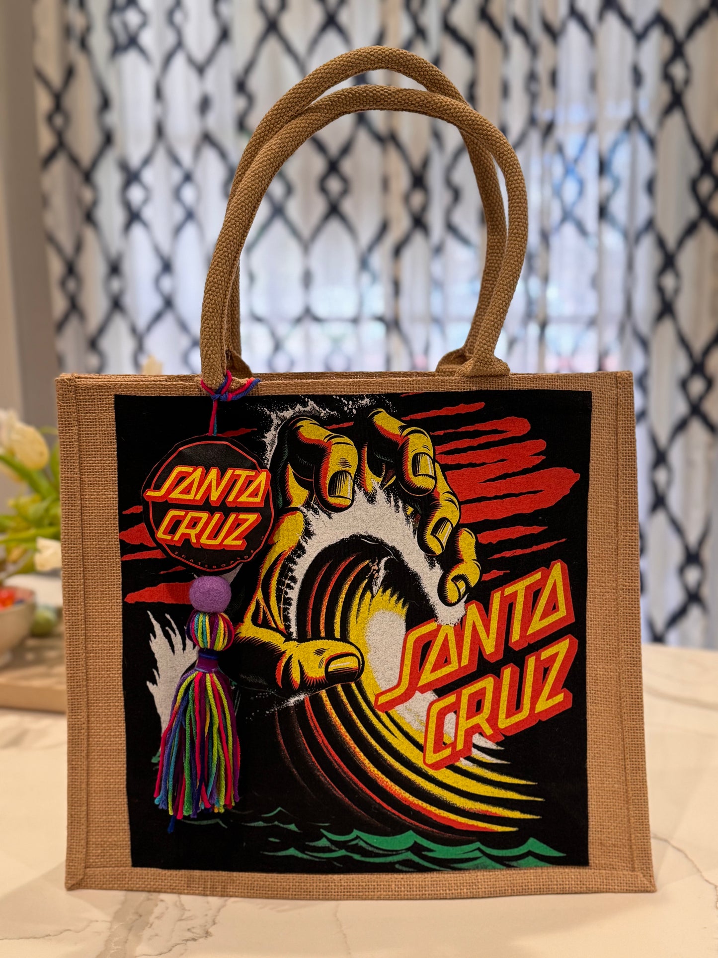 Large Upcycled Santa Cruz tshirts bag with matching tassel