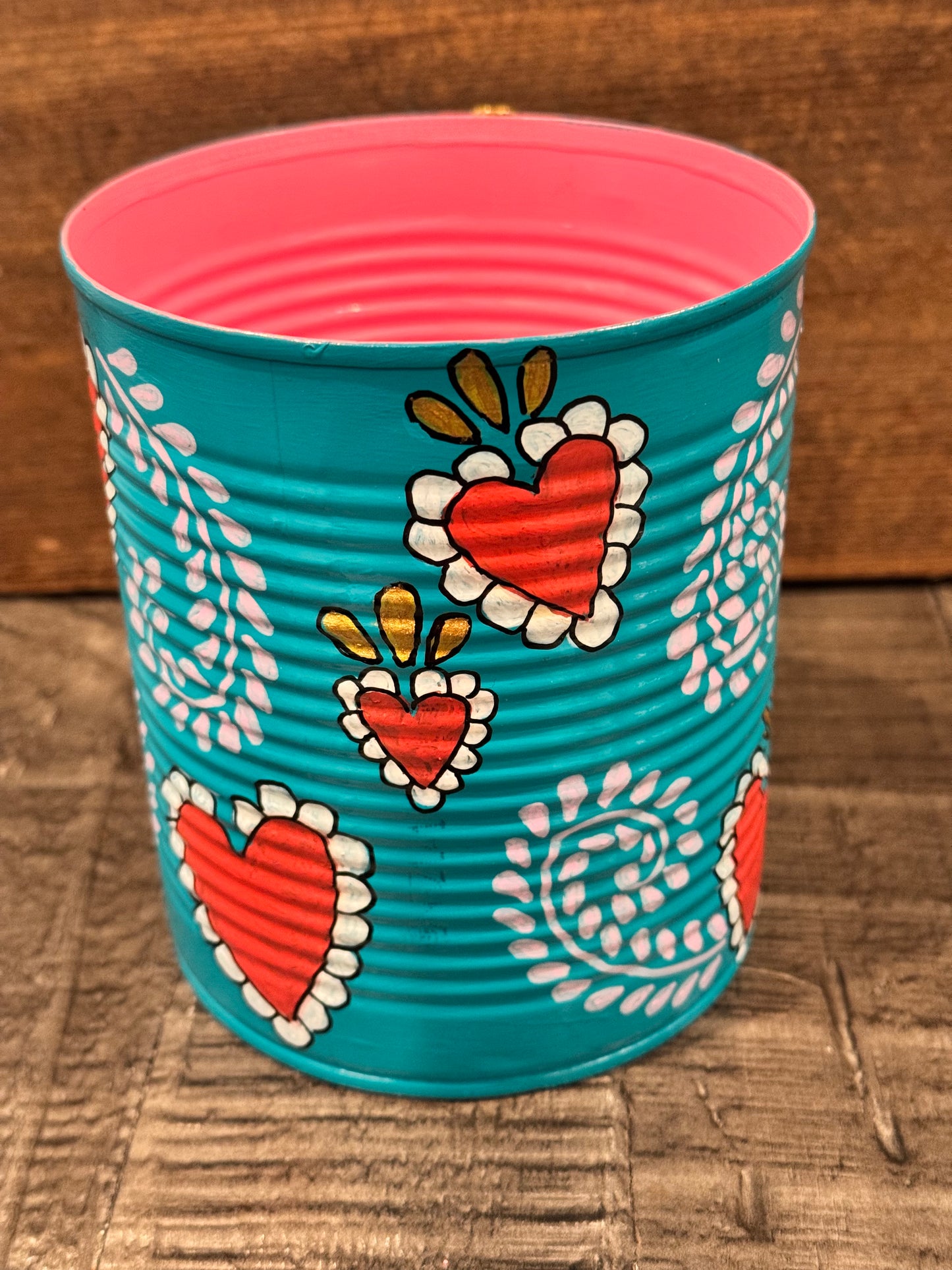 Large teal handpainted virgencita recycled tin