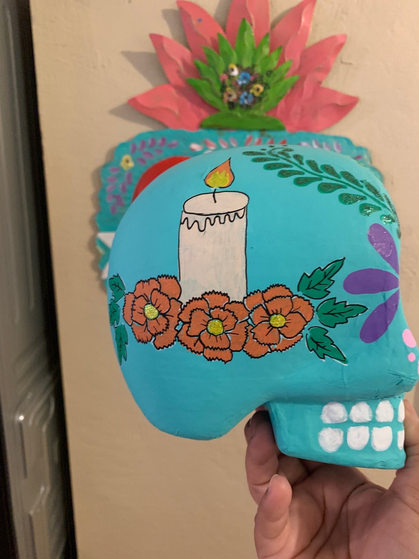 Paper Mache Sugar Skull (Tiffany Blue with Glitter)