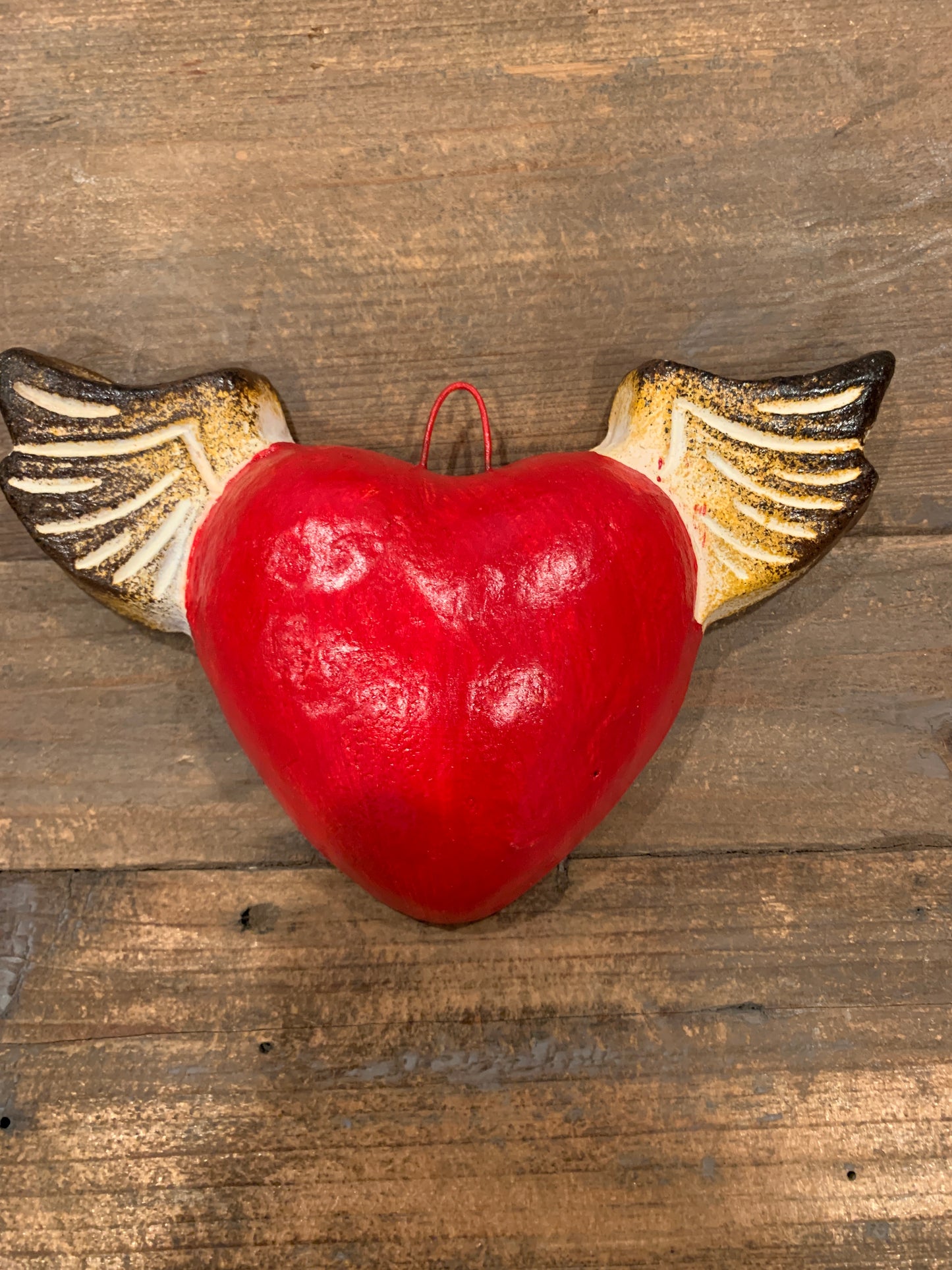 Ceramic red puffy heart with wings