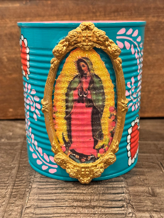 Large teal handpainted virgencita recycled tin