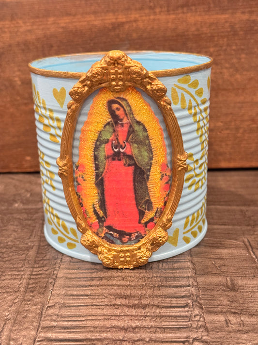 Large light blue virgencita hand painted recycled tin
