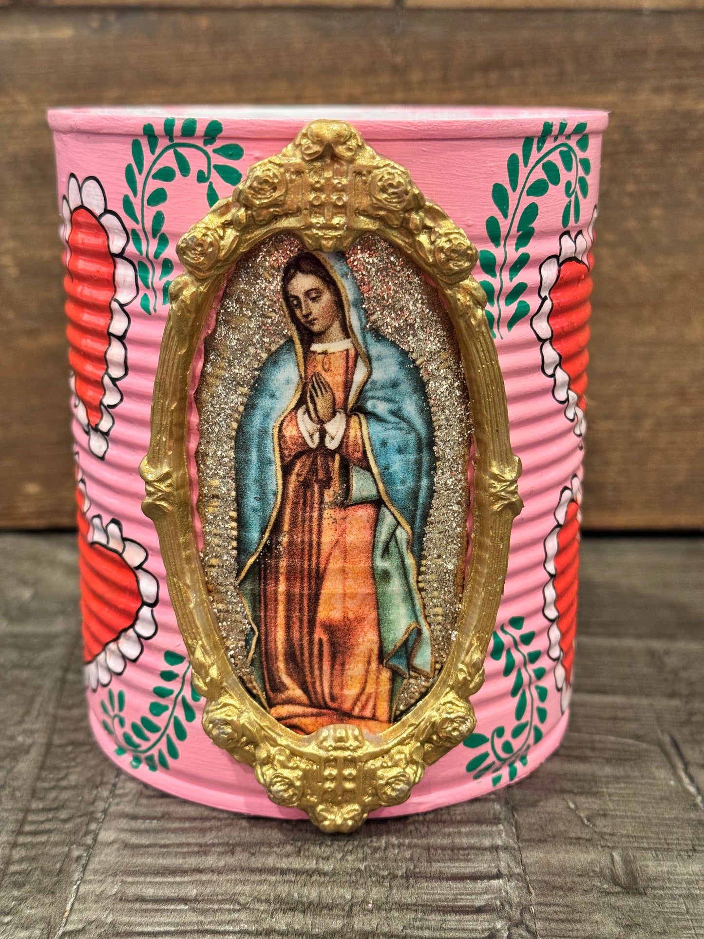 Large pink virgencita handpainted recycled tin