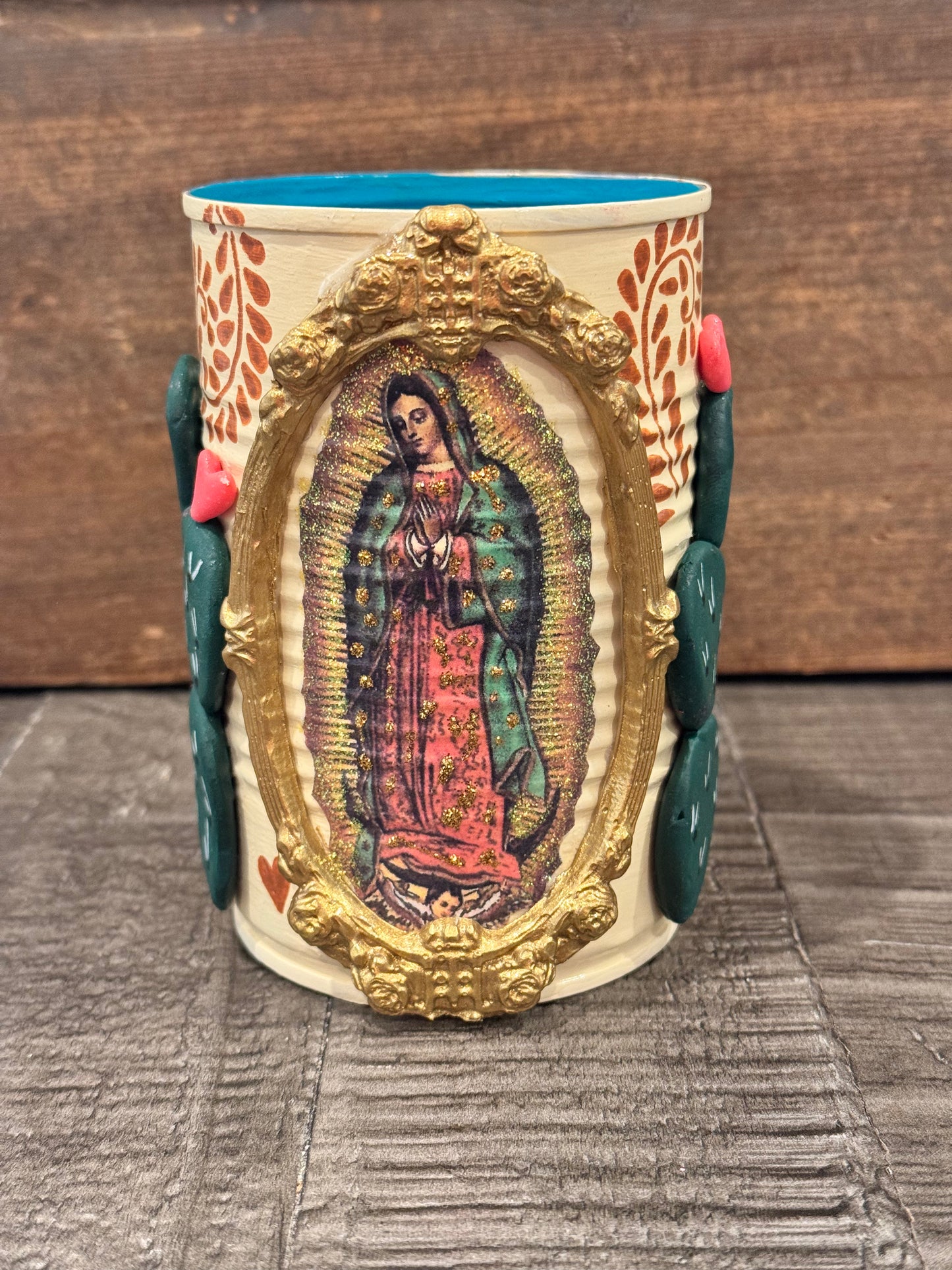 Small ivory virgencita hand painted and hand sculpted nopales recycled tin