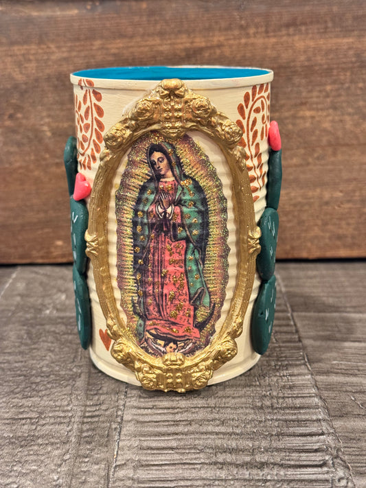 Small ivory virgencita hand painted and hand sculpted nopales recycled tin