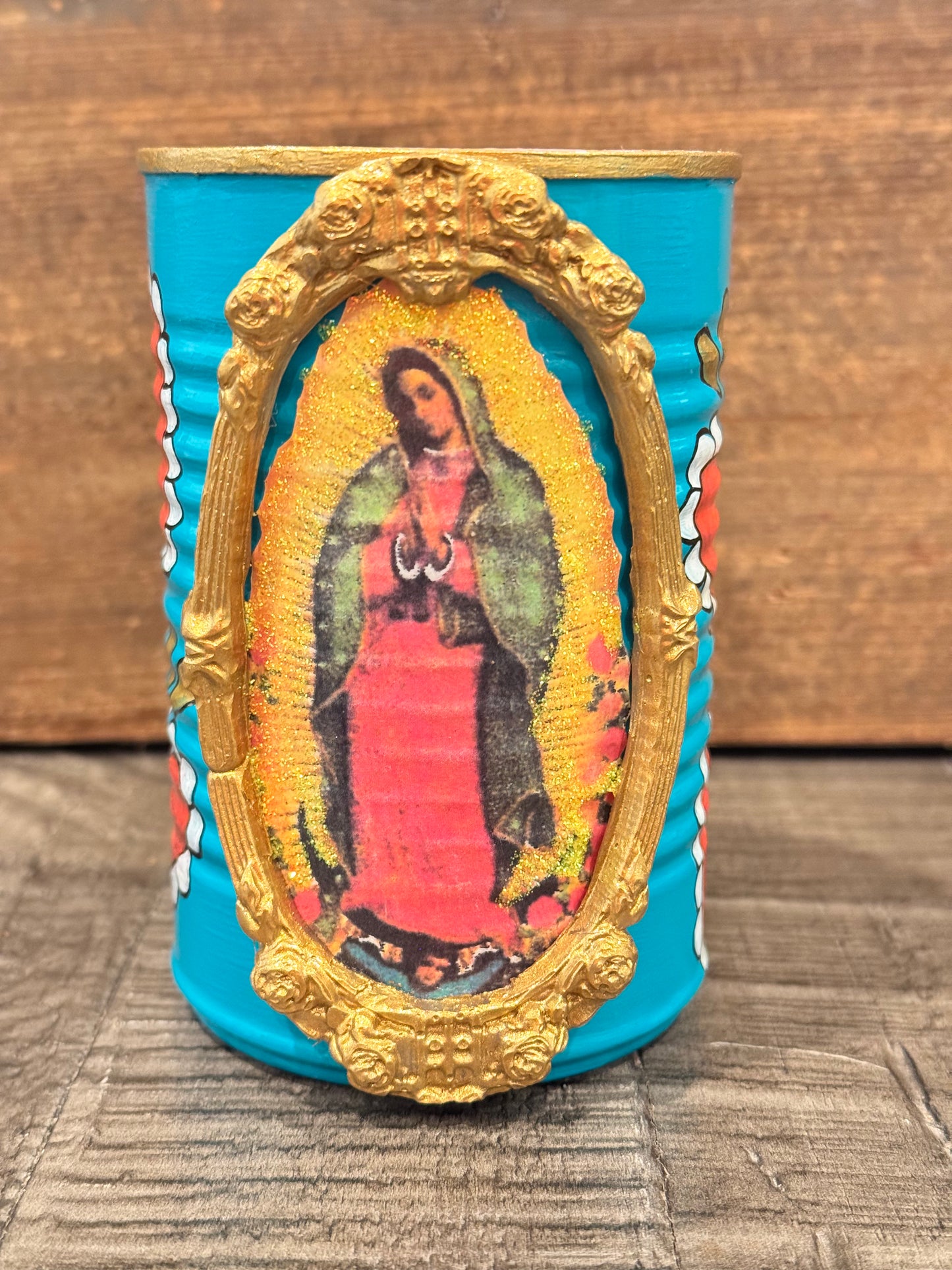 Small teal virgencita hand painted recycled tin