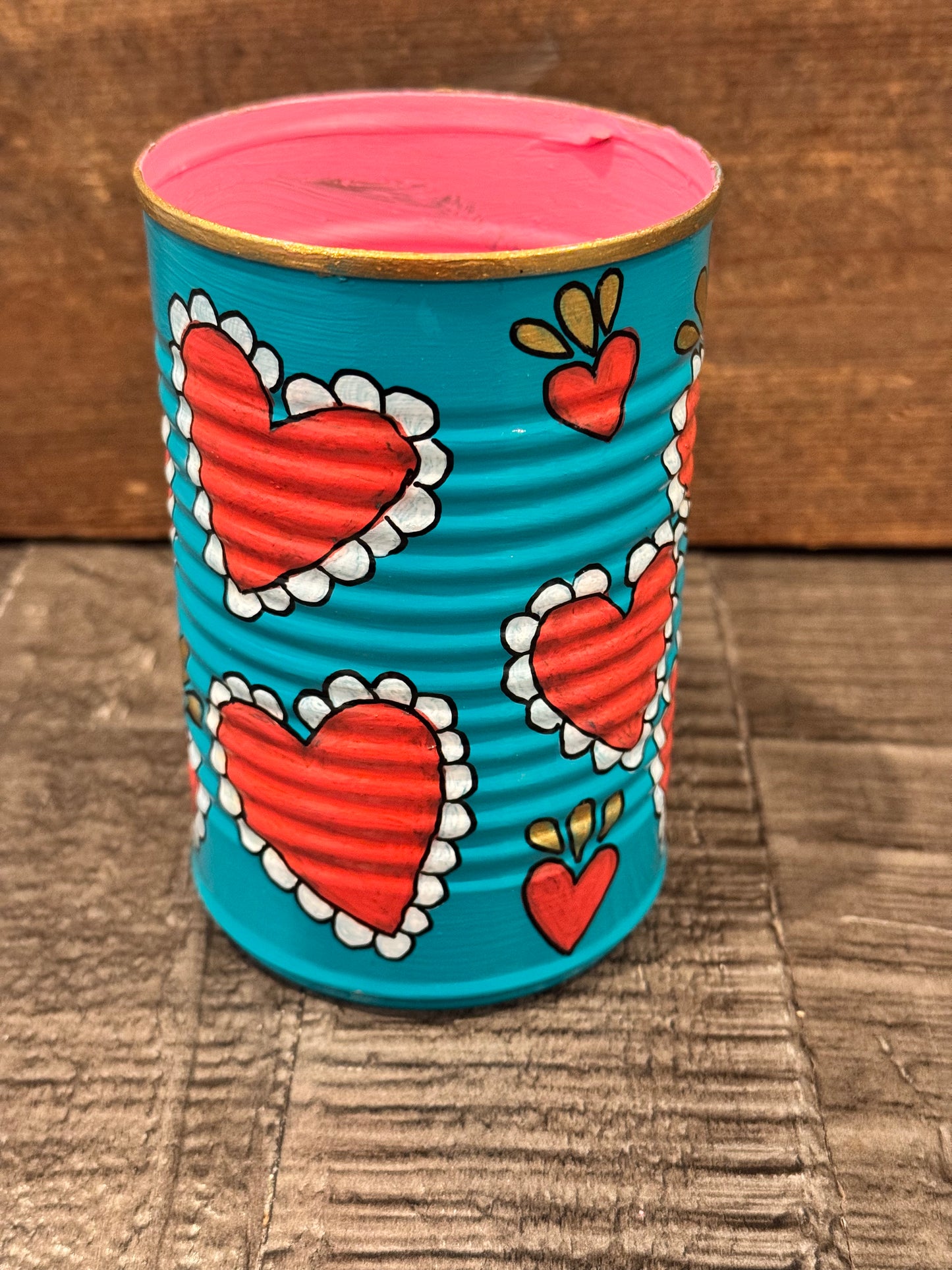 Small teal virgencita hand painted recycled tin