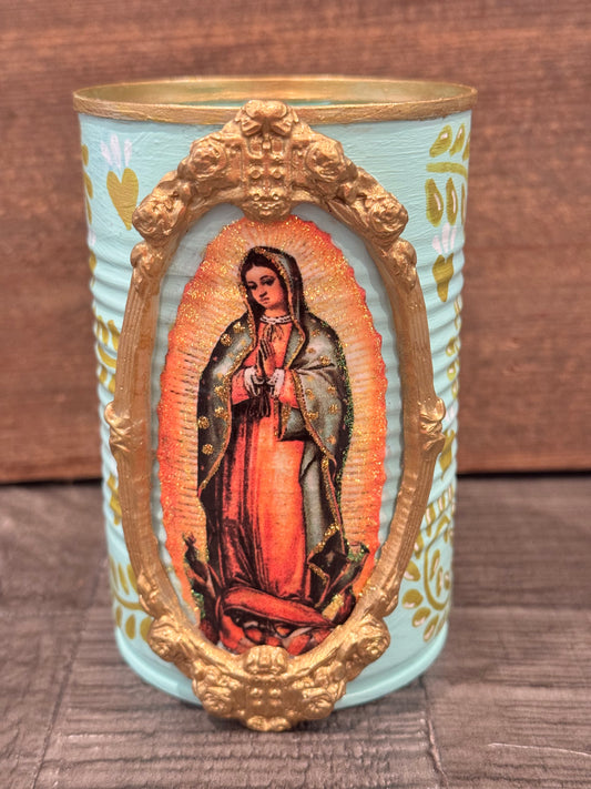 Small mint virgencita hand painted recycled tin