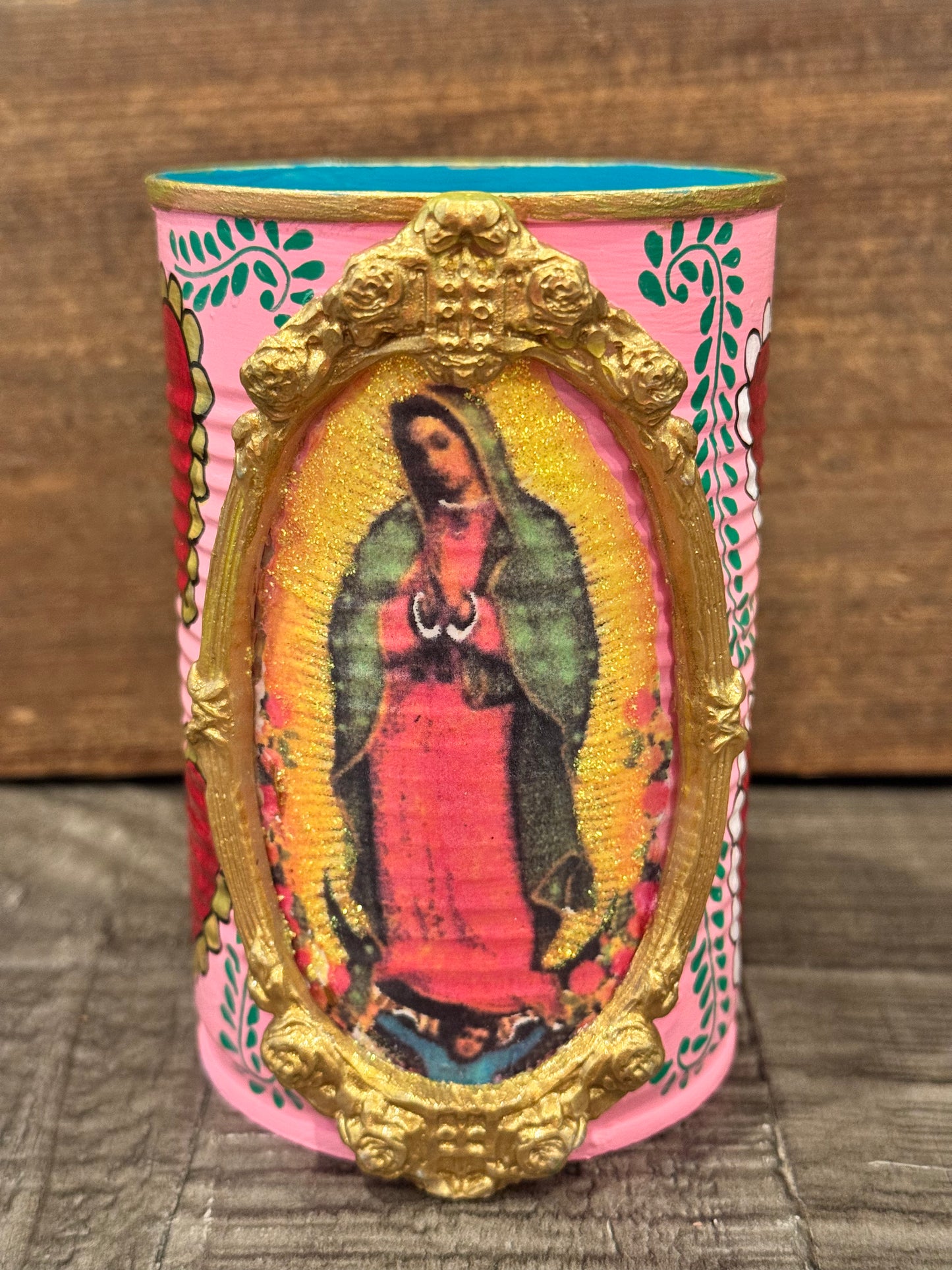 Small pink hand painted virgencita recycled tin