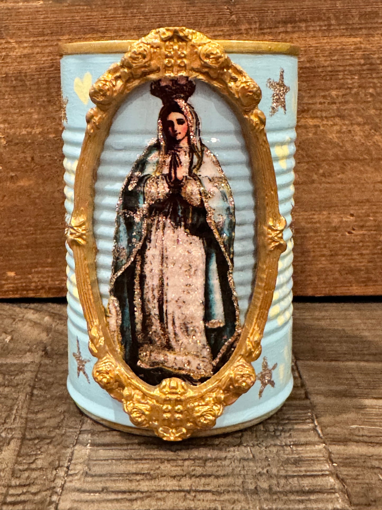 Small light blue hand painted virgin recycled tin