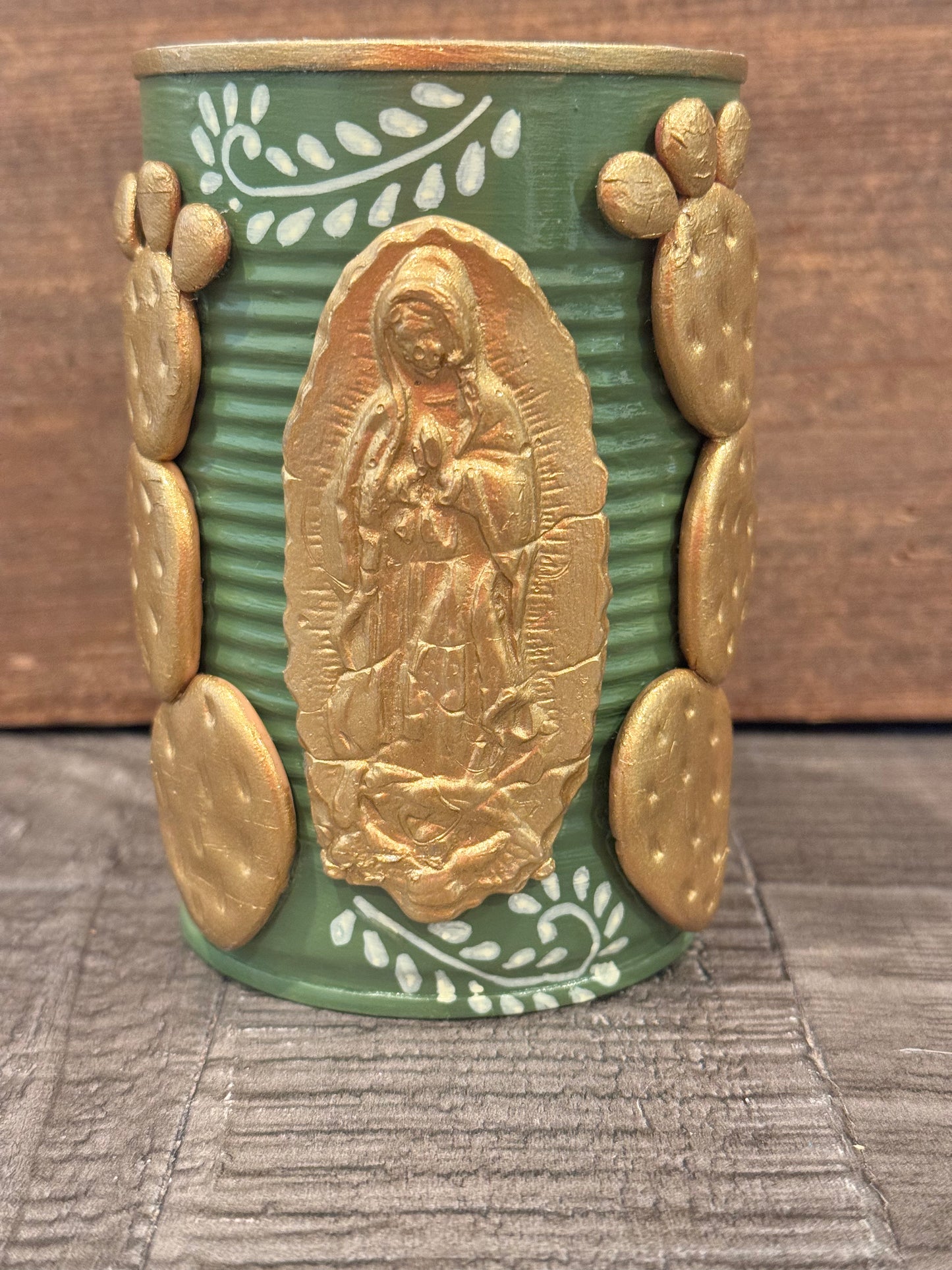 Small olive hand painted and hand sculpted nopales recycled tin