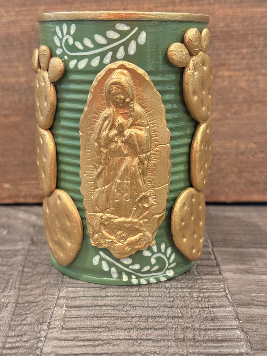 Small olive hand painted and hand sculpted nopales recycled tin