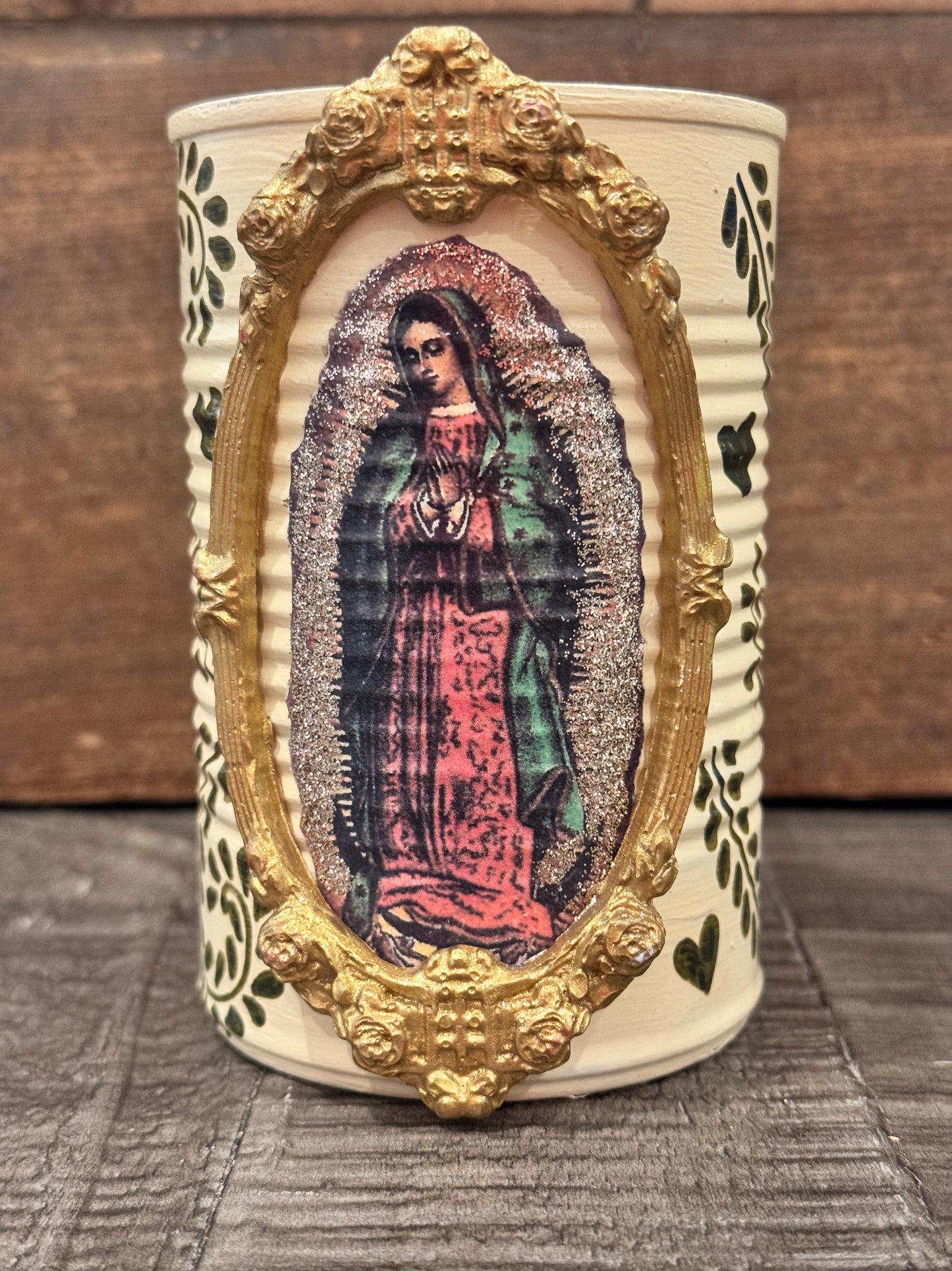 Small ivory hand painted virgencita recycled tin