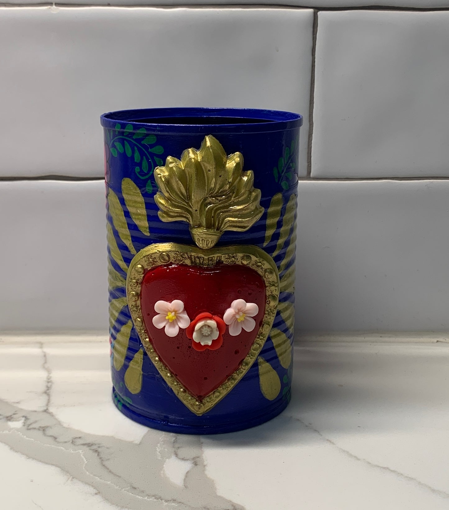 Blue upcycled tins with sacred heart and flowers