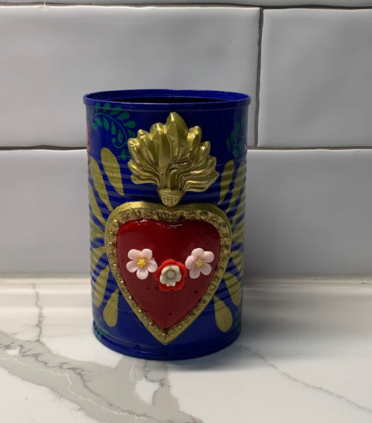 Blue upcycled tins with sacred heart and flowers