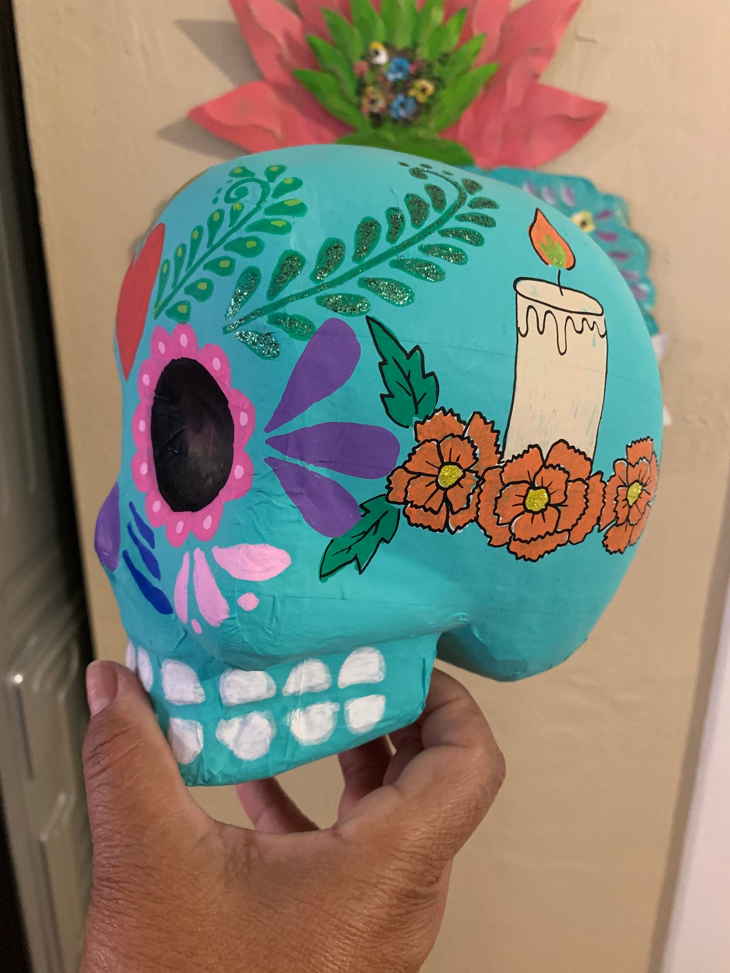Paper Mache Sugar Skull (Tiffany Blue with Glitter)